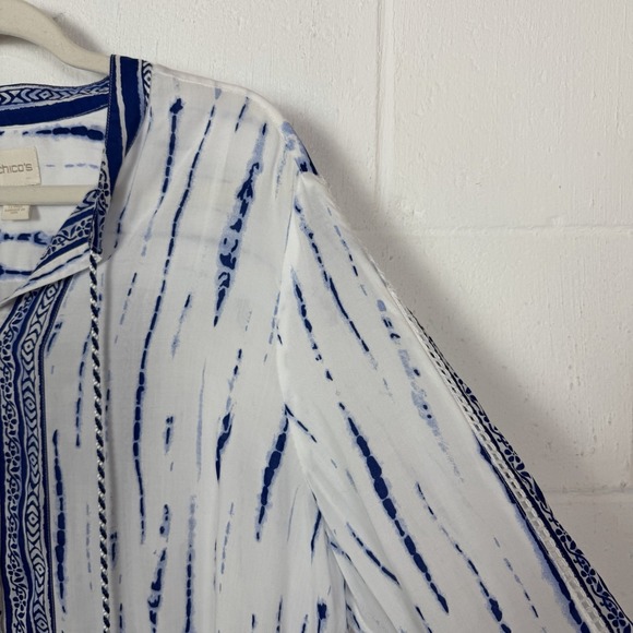 Chico's Button Up Top Blue Tie-Dye Crochet Tassel Neck Tie Sheer Boho Artsy XL - Picture 7 of 15